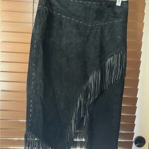 bebe Asymmetrical Black Leather Fringe Skirt